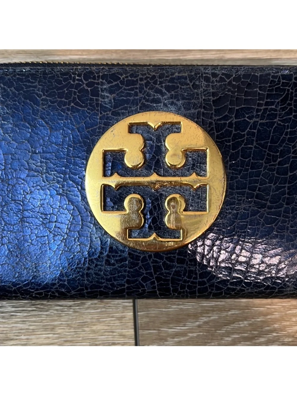 Tory Burch Black Leather Zip Wallet with Gold Logo
